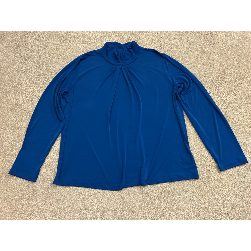 Susan Graver Liquid Knit Top Womens XL Blue Excellent Mock Neck Pleated Blouse